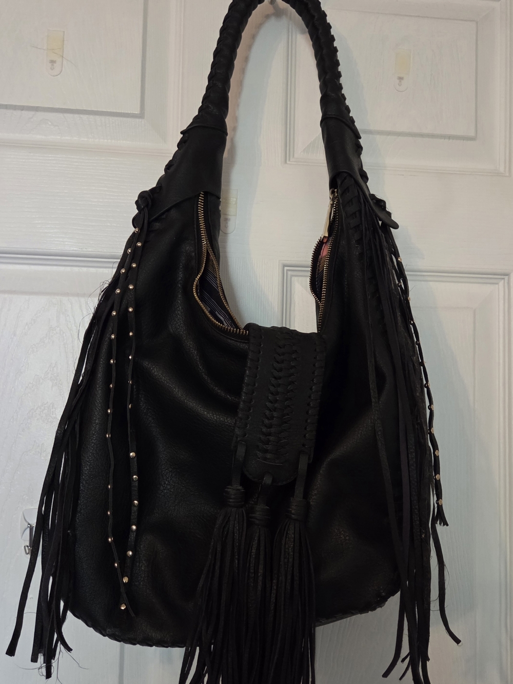 Big Buddha Black Fringe Hobo Bag with Braided Handle